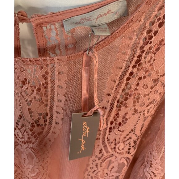 ULTRA Pink Solid Pink 100% Lace Peplum-Waist Lined Long Bell Sleeve Blouse NWT L - Picture 5 of 10
